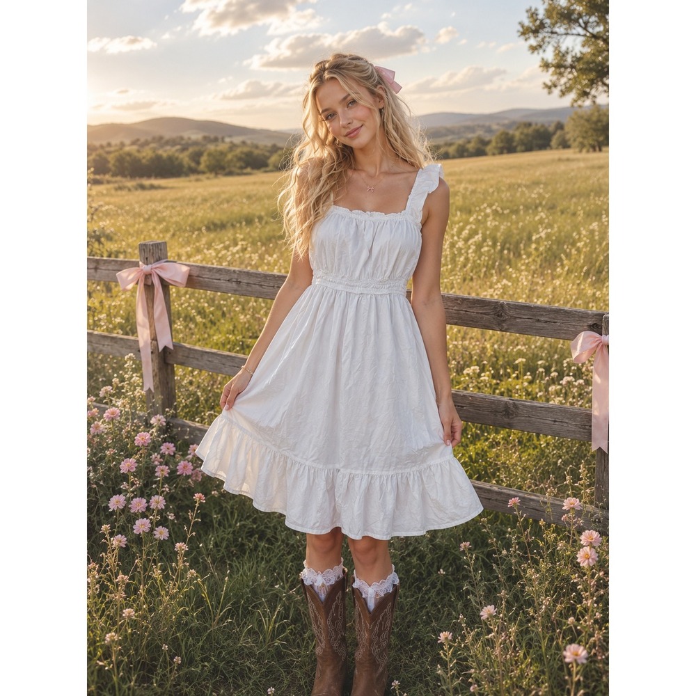 Dizzy Lizzy White Cotton Smocked Midi Dress Ruffle Sleeve Cottagecore Large